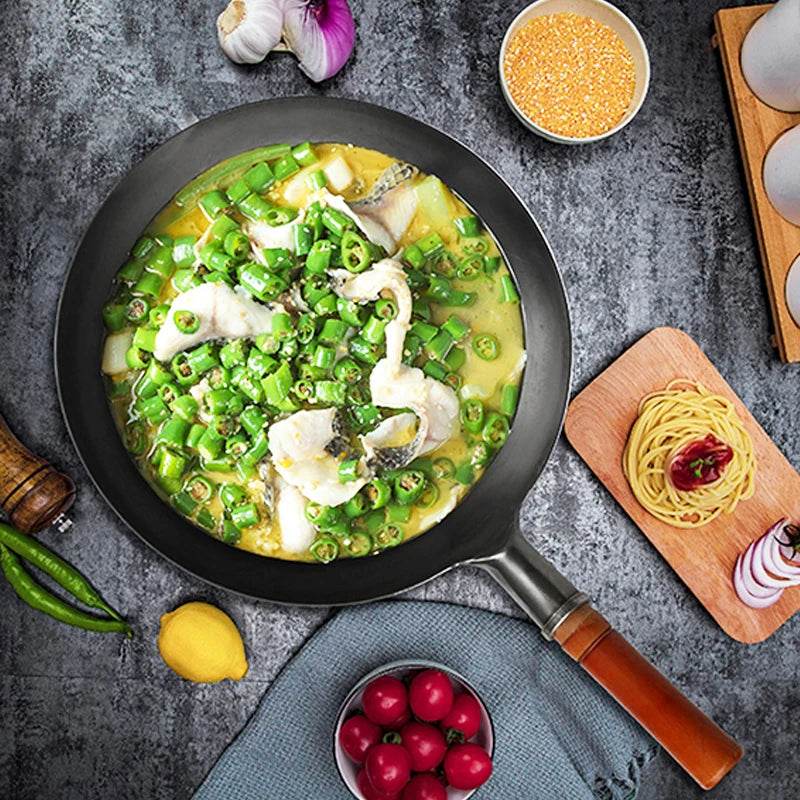 Konco Hand Hammered Wok,Chinese Traditional Iron Wok No Coating Wooden Handle Non-stick Pan Kitchen Cookware - P12 Hub Europe