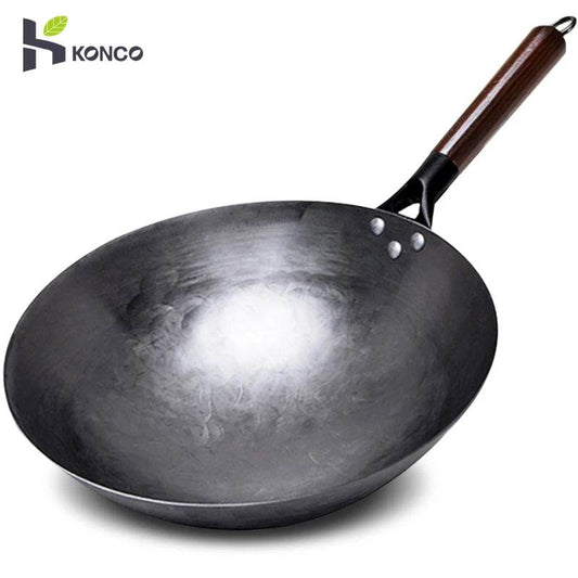 Household Iron Wok,Hand Forging Iron Pan Wooden Handle Pure Iron No Coating Non-stick Wok Pot Gas Cooker - P12 Hub Europe