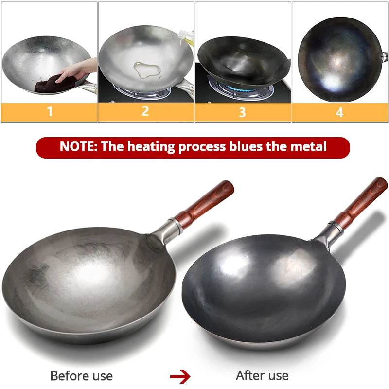 Konco Hand Hammered Wok,Chinese Traditional Iron Wok No Coating Wooden Handle Non-stick Pan Kitchen Cookware - P12 Hub Europe