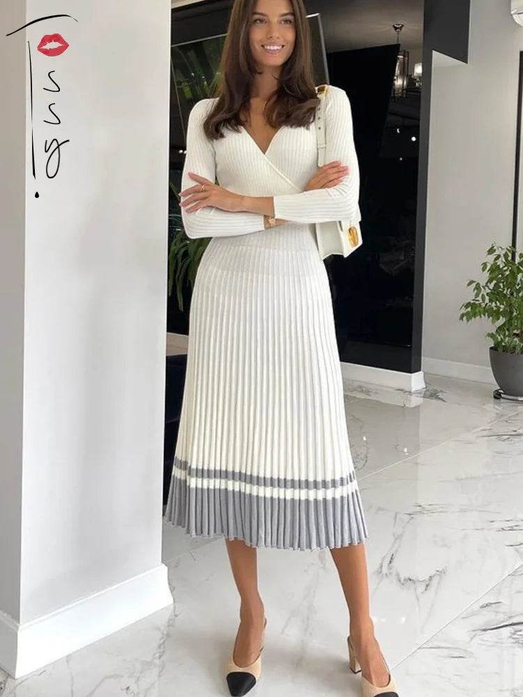 Tossy Ribbed V-Neck Knit Maxi Dress - Elegant Patchwork - P12 Hub Europe