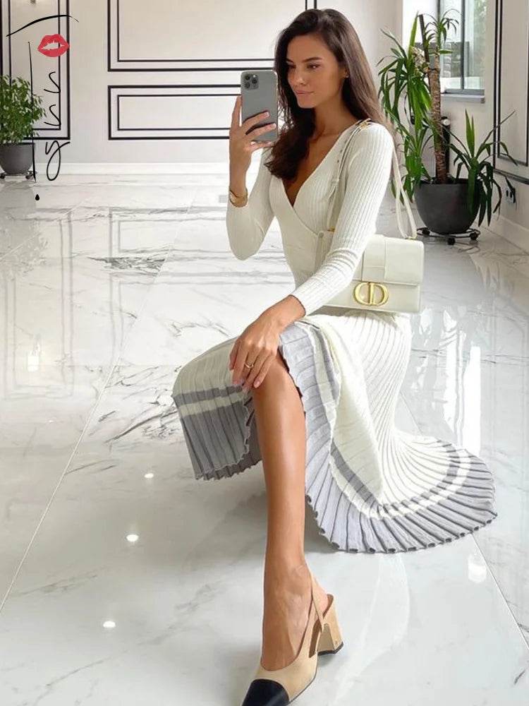 Tossy Ribbed V-Neck Knit Maxi Dress - Elegant Patchwork - P12 Hub Europe