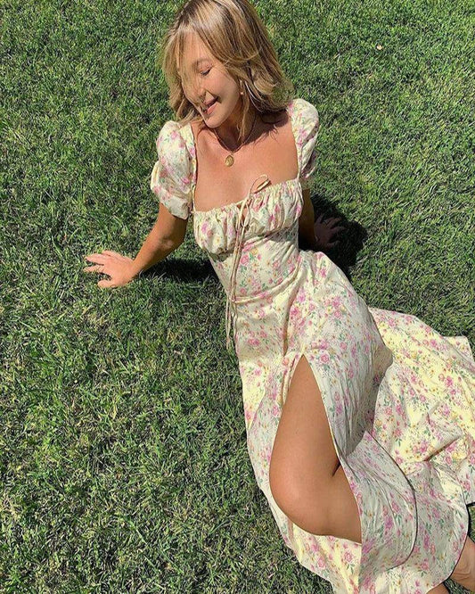 Y2K Floral Print Puff Sleeve Midi Dress Boho High Split - P12 Hub Europe