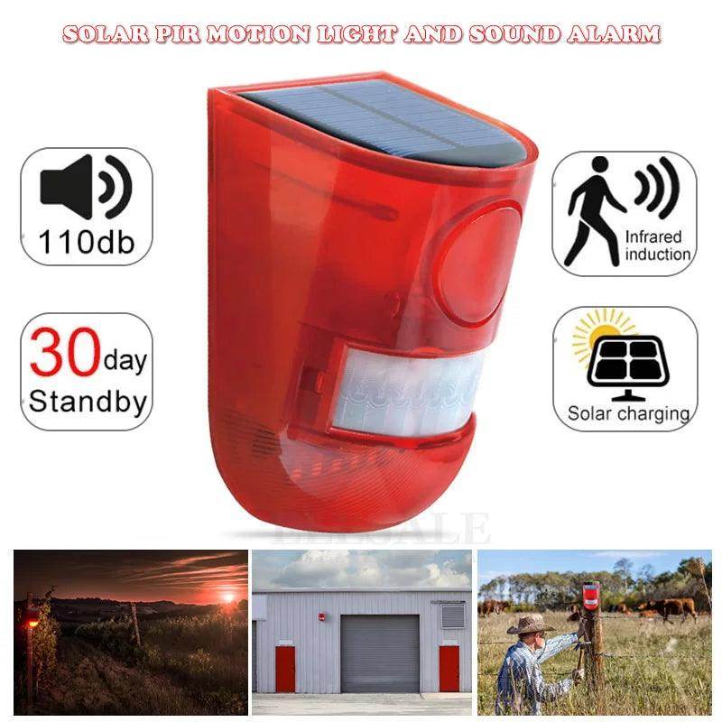 Solar Motion Sensor Alarm, 110dB Siren | Outdoor Strobe Light - P12 Hub Europe