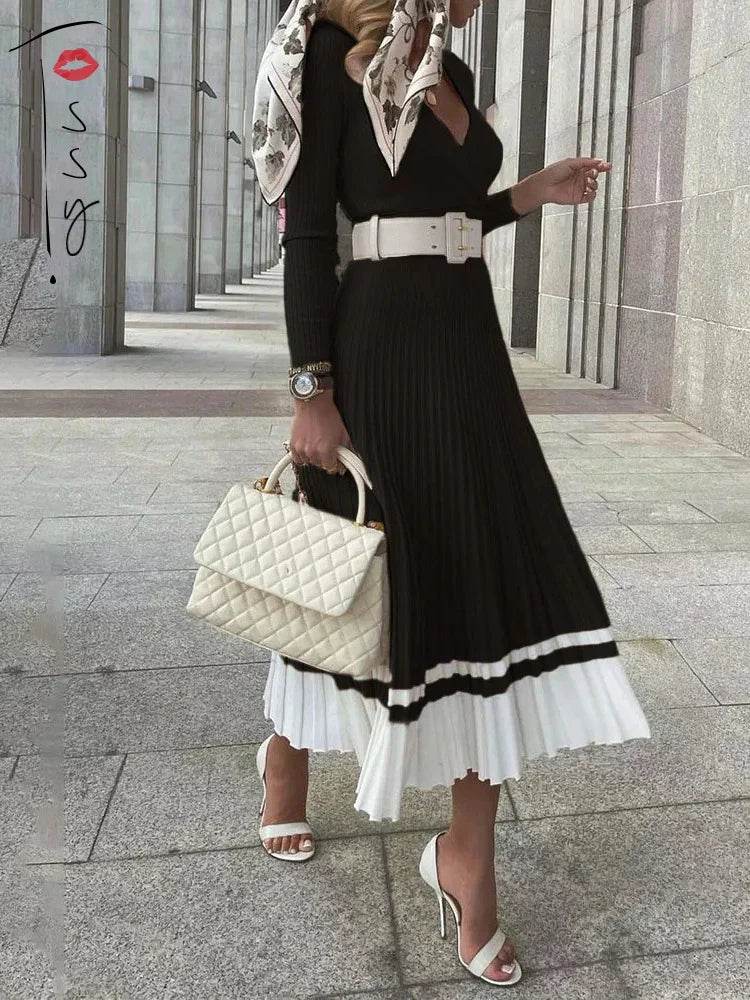 Tossy Ribbed V-Neck Knit Maxi Dress - Elegant Patchwork - P12 Hub Europe