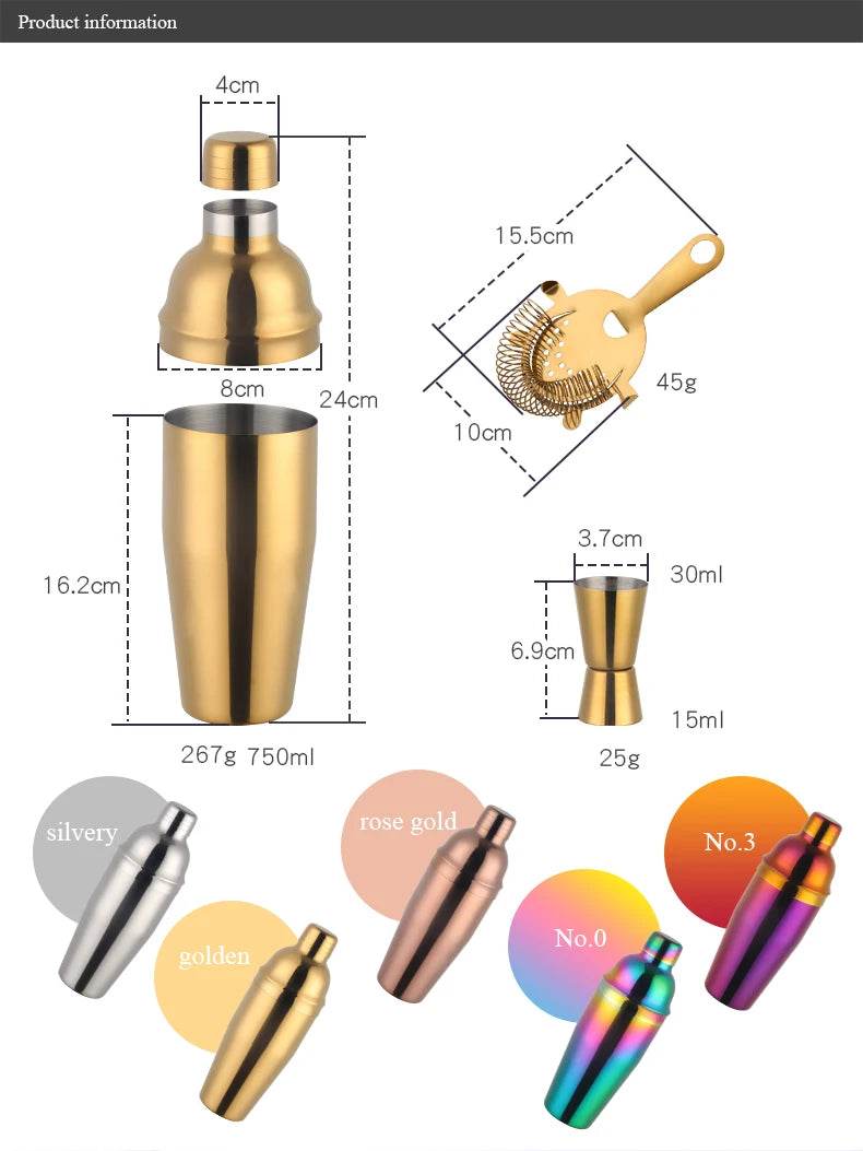 1-8PCS 750Ml Stainless Steel Bar Cocktail Shaker Set Bartender Tools Moijto Muddler Wine Bottle Stopper Cocktail Boston Barware - P12 Hub Europe