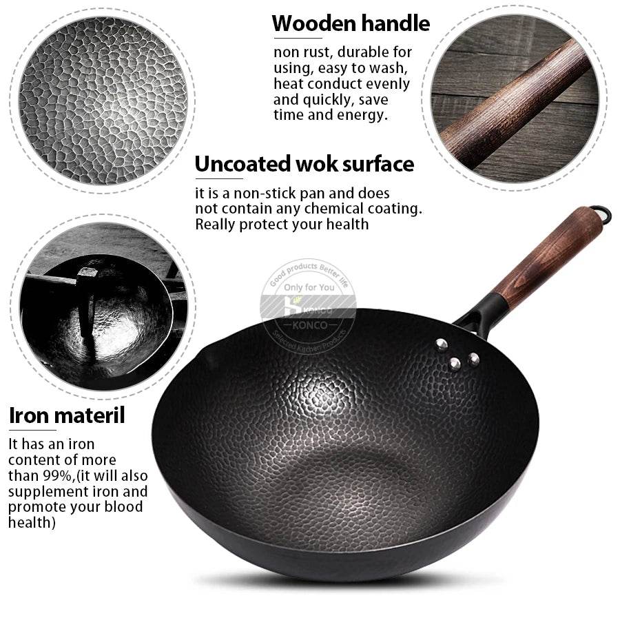 Konco Iron wok Cast iron pan Non-coated Pot General use for Gas and Induction Cooker 32cm Chinese Wok Cookware Pan Kitchen Tools - P12 Hub Europe