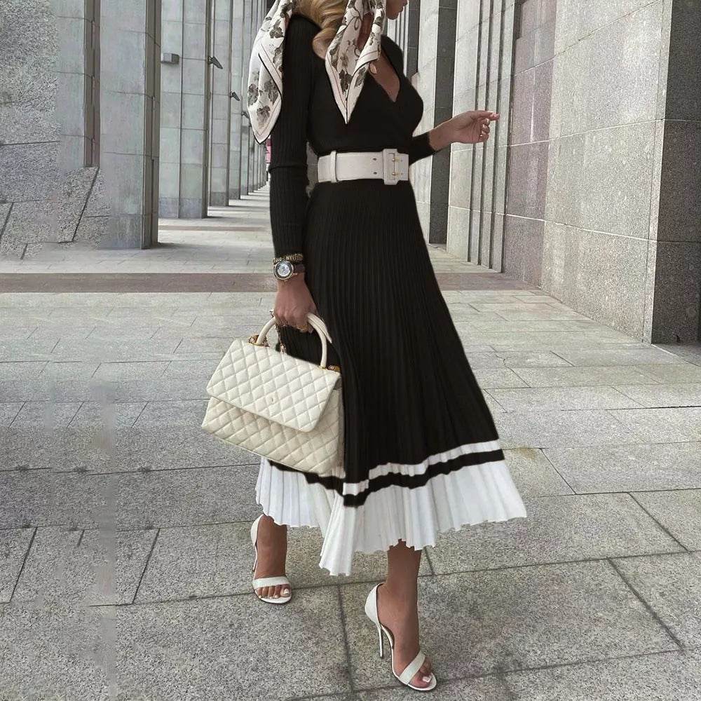 Tossy Ribbed V-Neck Knit Maxi Dress - Elegant Patchwork - P12 Hub Europe
