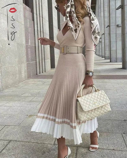 Tossy Ribbed V-Neck Knit Maxi Dress - Elegant Patchwork - P12 Hub Europe