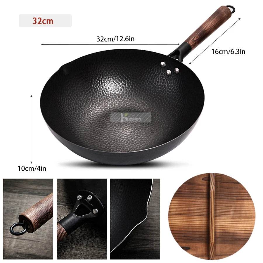 Konco Iron wok Cast iron pan Non-coated Pot General use for Gas and Induction Cooker 32cm Chinese Wok Cookware Pan Kitchen Tools - P12 Hub Europe