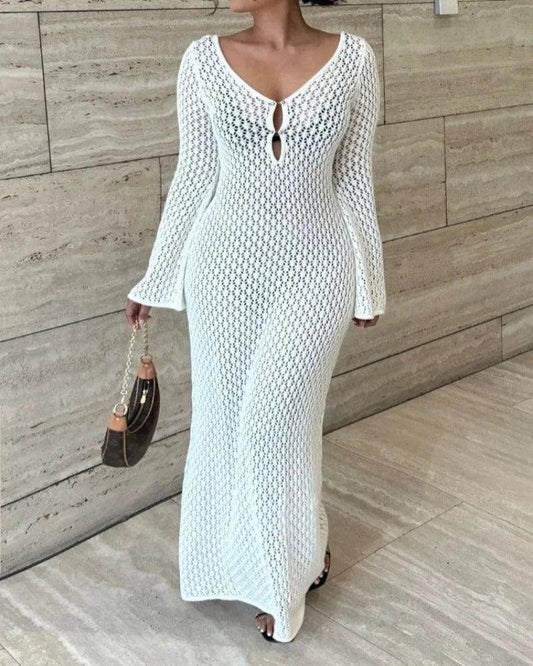 White Knit See-Through Maxi Dress Hollow Out Backless Beach - P12 Hub Europe
