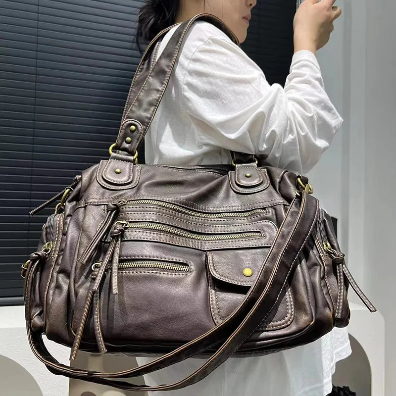 HAEX Women's Punk Biker Tote Bag Large Capacity PU Leather Crossbody Purse with Multi Pockets for Work Commute Moto Style