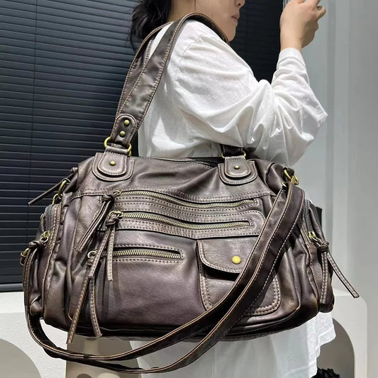 HAEX Women's Punk Biker Tote Bag Large Capacity PU Leather Crossbody Purse with Multi Pockets for Work Commute Moto Style