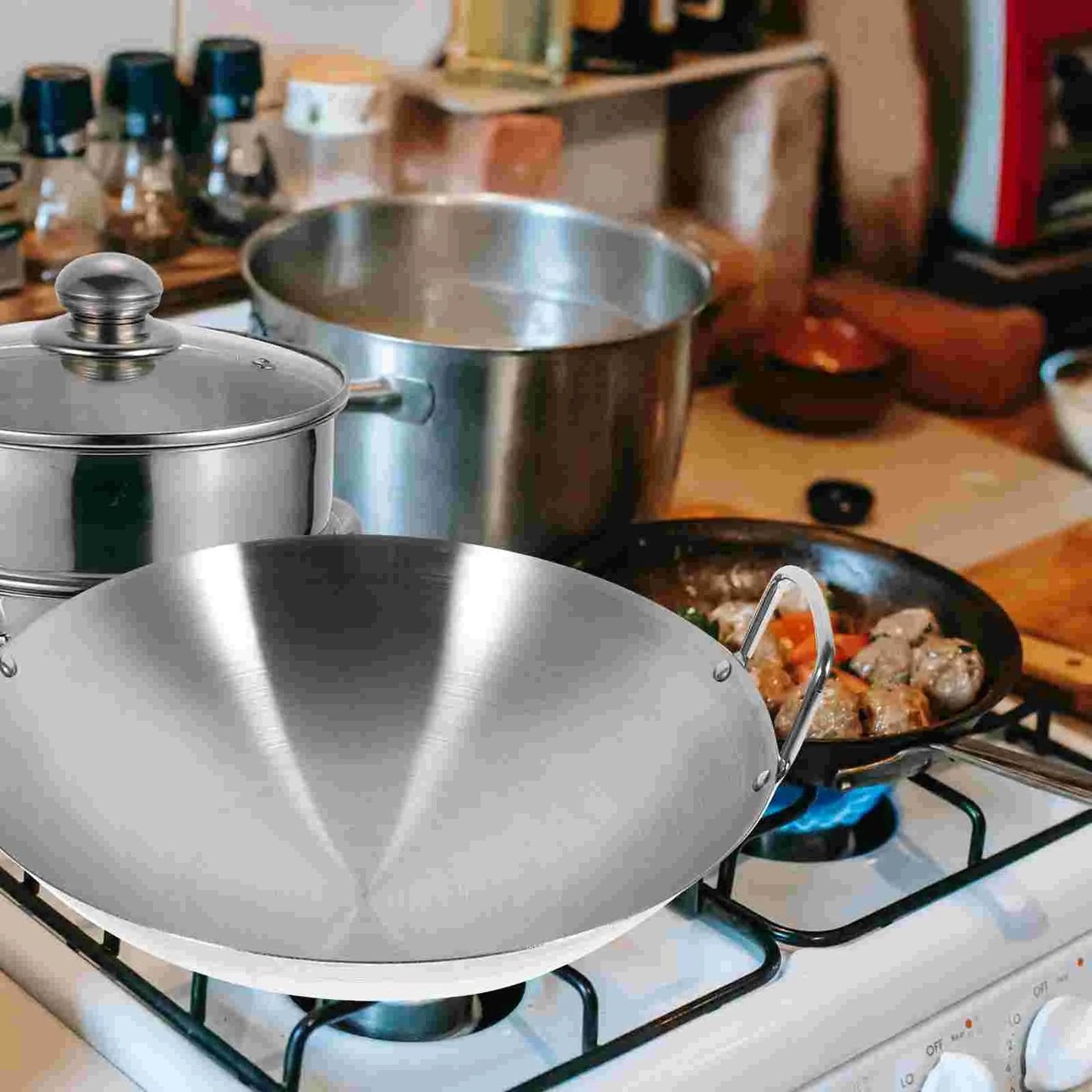 Stainless Steel Wok Round Bottom Wok Large Fry Pan Large Capacity Saute Pan NonStick Pan Fried Steak Pot Uncoated Cookware - P12 Hub Europe