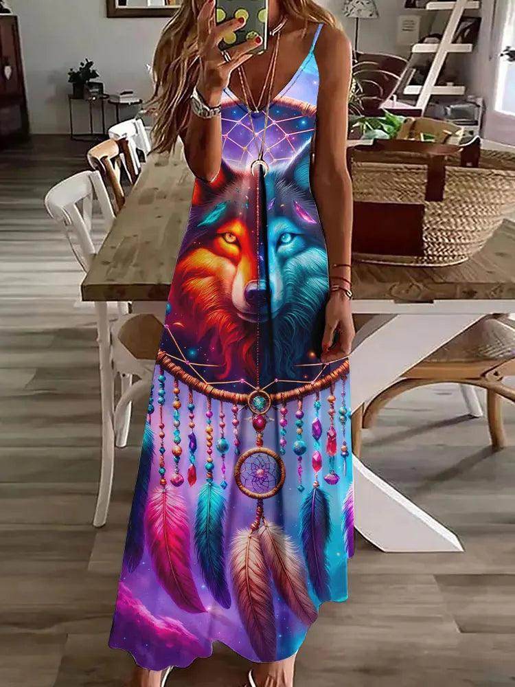 3D Owl Print Boho Maxi Dress Sleeveless Tribal - P12 Hub Europe