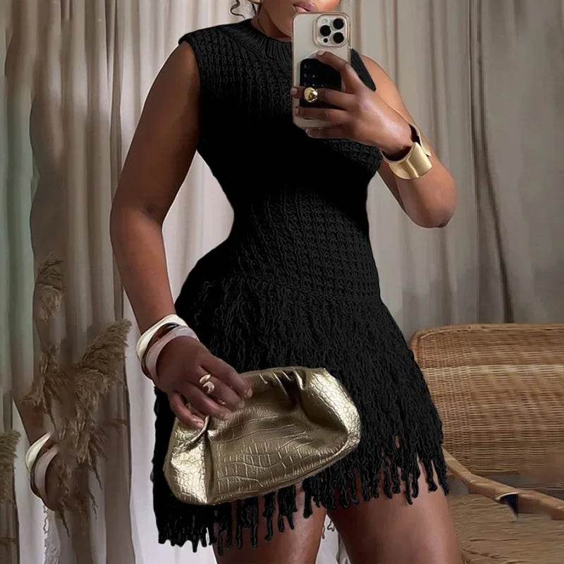Tassel Hollow Out Mini Dress - Slim Elegant - P12 Hub Europe