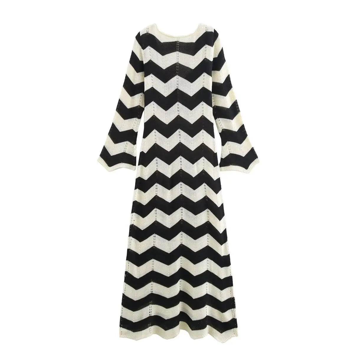 Hollow Out Lace Up Knit Dress - Contrast Stripes V-Neck - P12 Hub Europe