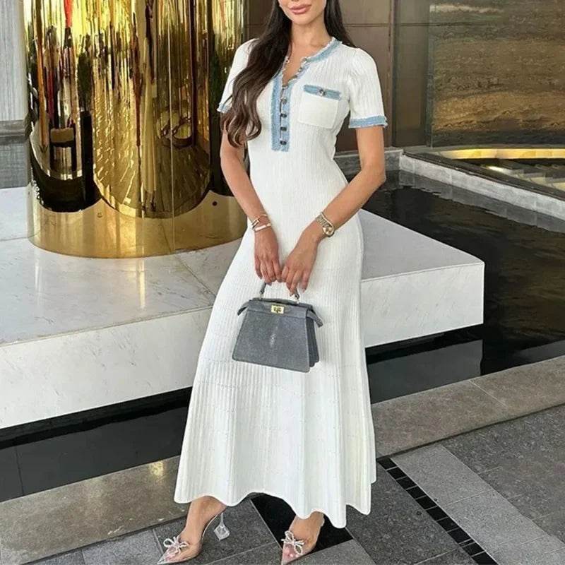 Talenza V-Neck Maxi Dress - Denim Patchwork Office Style - P12 Hub Europe