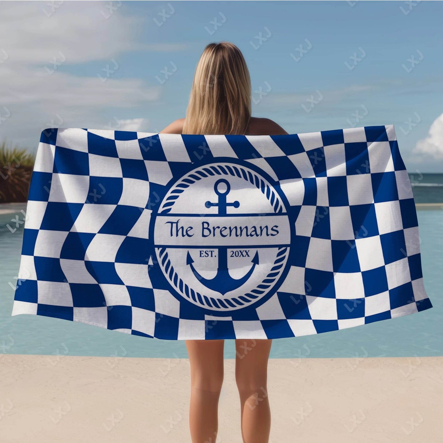 Personalized Custom Boat Name Beach Towel Nautical Striped Bath Towel for Adults Soft Quick Dry Perfect for Travel and Pool - P12 Hub Europe