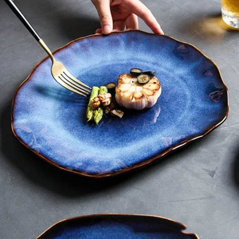 Ceramic Plates Deep Blue Irregular Flat Plate Pottery Dish Household Decoration Tableware Dinnerware Tray Hotel Kitchen Supplies - P12 Hub Europe