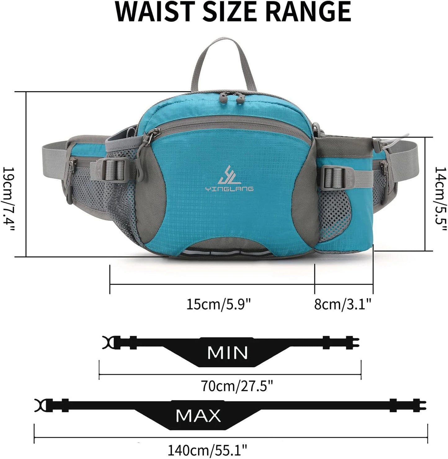 Nylon Waterproof Waist Bag with Bottle Holder Shoulder Crossbody Bag Outdoor Sports Hiking Running Cycling Bag for Man Women