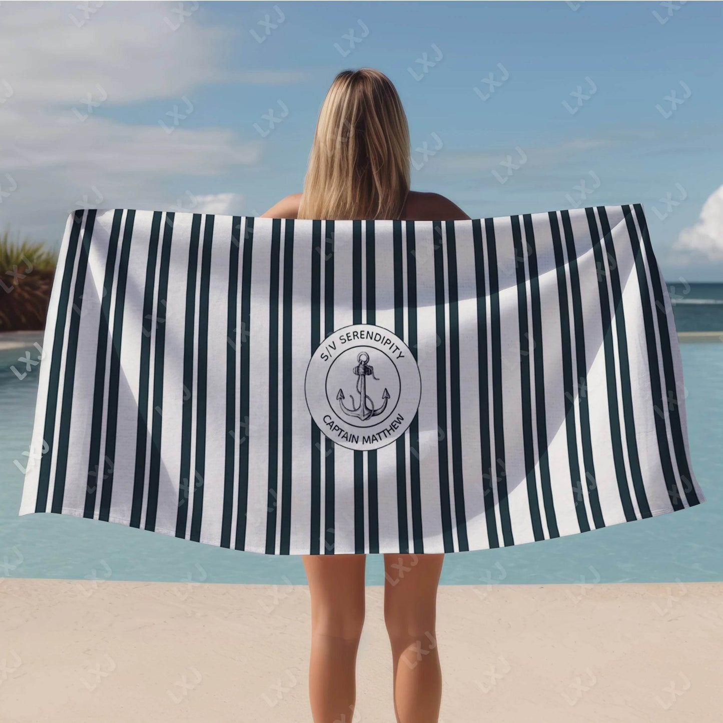 Personalized Custom Boat Name Beach Towel Nautical Striped Bath Towel for Adults Soft Quick Dry Perfect for Travel and Pool - P12 Hub Europe