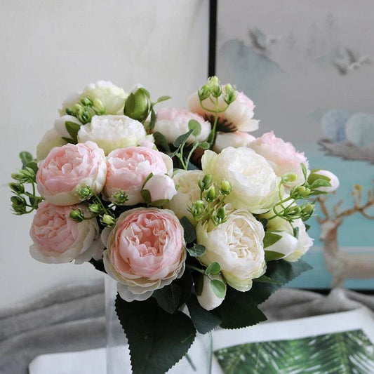 1 Bundle Artificial Roses Flowers Silk Peony Bouquet Home Decoration Accessorie Wedding Party Scrapbook Fake Plants Diy Pompons - P12 Hub Europe
