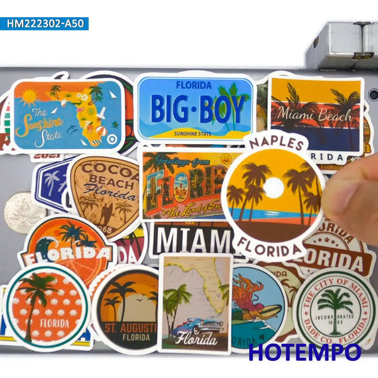 50Pieces Florida Miami Summer Sunshine Beach Surf Travel Stickers for Journal Luggage Guitar Car Bike Phone Laptop Sticker Toys