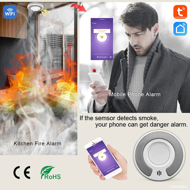 WiFi Tuya Smart Smoke Detector With Built-in 10 Year Lithium Battery For Parlor Room Kitchen Shop Fire Inspection Alarm Sensor