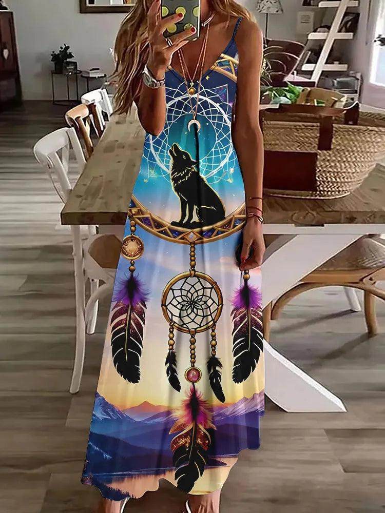 3D Owl Print Boho Maxi Dress Sleeveless Tribal - P12 Hub Europe