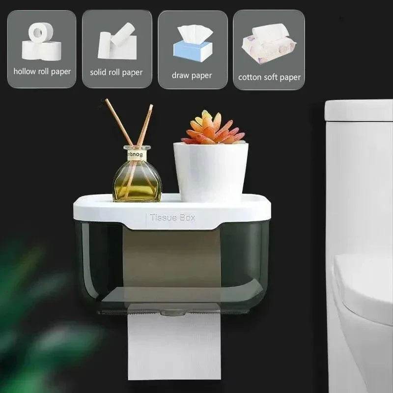 Wall Mounted Toilet Paper Holder Waterproof Tissue Box with Shelf Bathroom Organizer Kitchen Multi Purpose Storage Dispenser - P12 Hub Europe