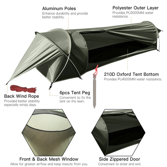 Ultralight Single Person Tent 210D Oxford Waterproof Camping Tunnel Tent for Outdoor Backpacking Hiking Fishing