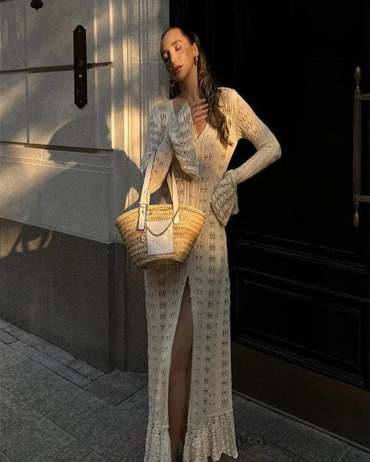 Elegant Knitted Hollow Out Mini Dress Beach Ruffle Cardigan - P12 Hub Europe