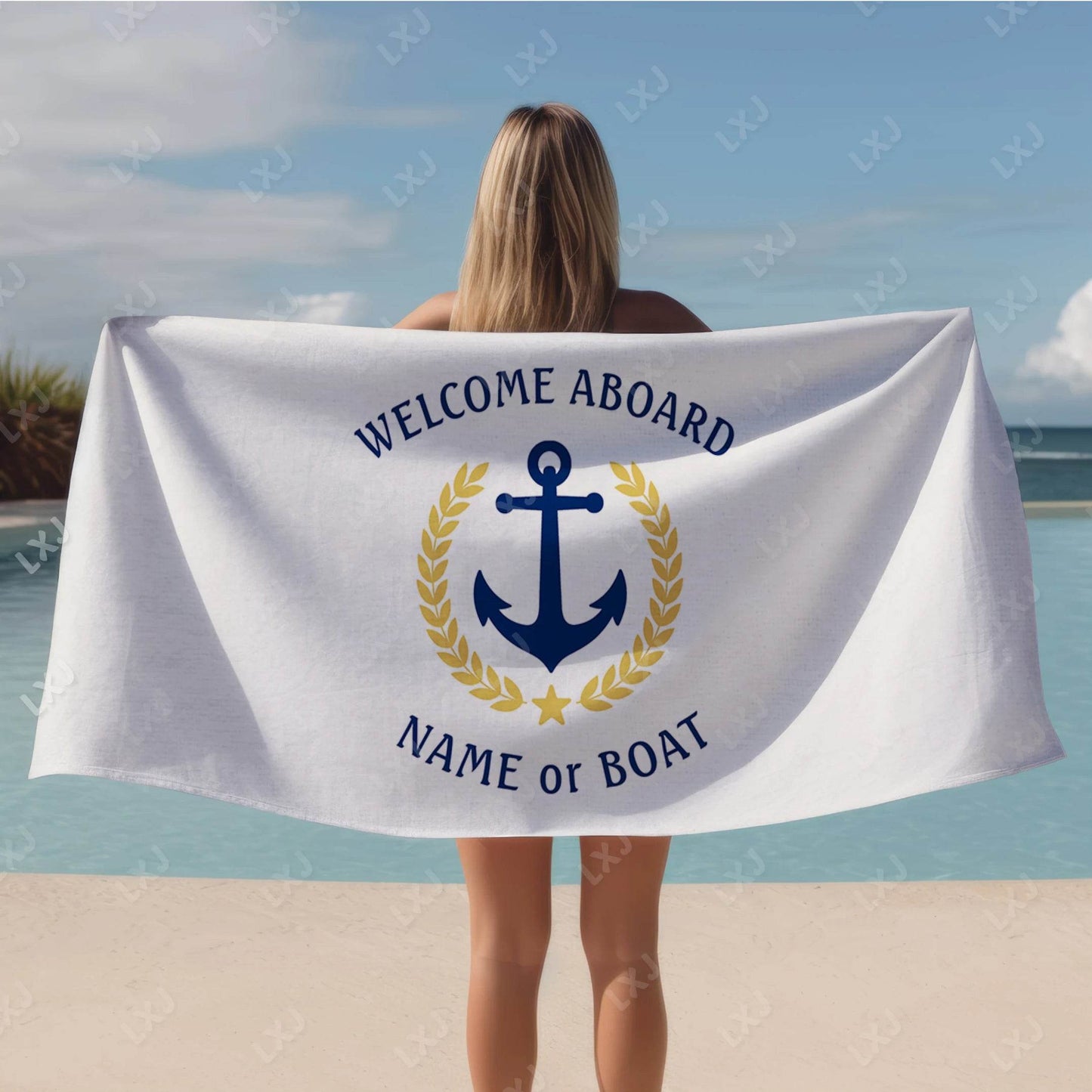 Personalized Custom Boat Name Beach Towel Nautical Striped Bath Towel for Adults Soft Quick Dry Perfect for Travel and Pool - P12 Hub Europe