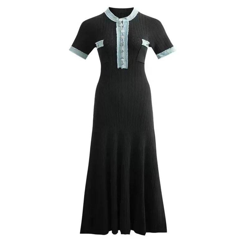 Talenza V-Neck Maxi Dress - Denim Patchwork Office Style - P12 Hub Europe