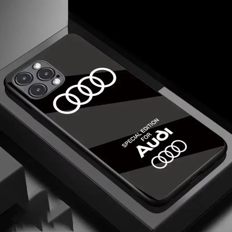 Luxury Mirror Surface Glass Hard Cover For Car Logo Audi Phone Case iPhone 16 Pro Max Cases 13 15 14 Plus 12 Mini 11 X XR XSMAX