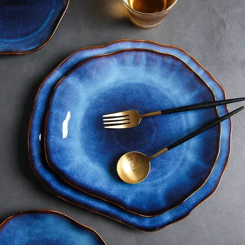Ceramic Plates Deep Blue Irregular Flat Plate Pottery Dish Household Decoration Tableware Dinnerware Tray Hotel Kitchen Supplies - P12 Hub Europe