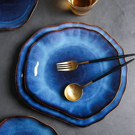 Ceramic Plates Deep Blue Irregular Flat Plate Pottery Dish Household Decoration Tableware Dinnerware Tray Hotel Kitchen Supplies - P12 Hub Europe