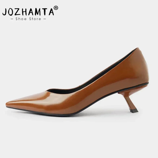 JOZHAMTA Size 34-43 Women Pumps Real Leather Thin High Heels Shoes Vintage Pointed Toe Slip-On Shoes Classic Office Lady Dress