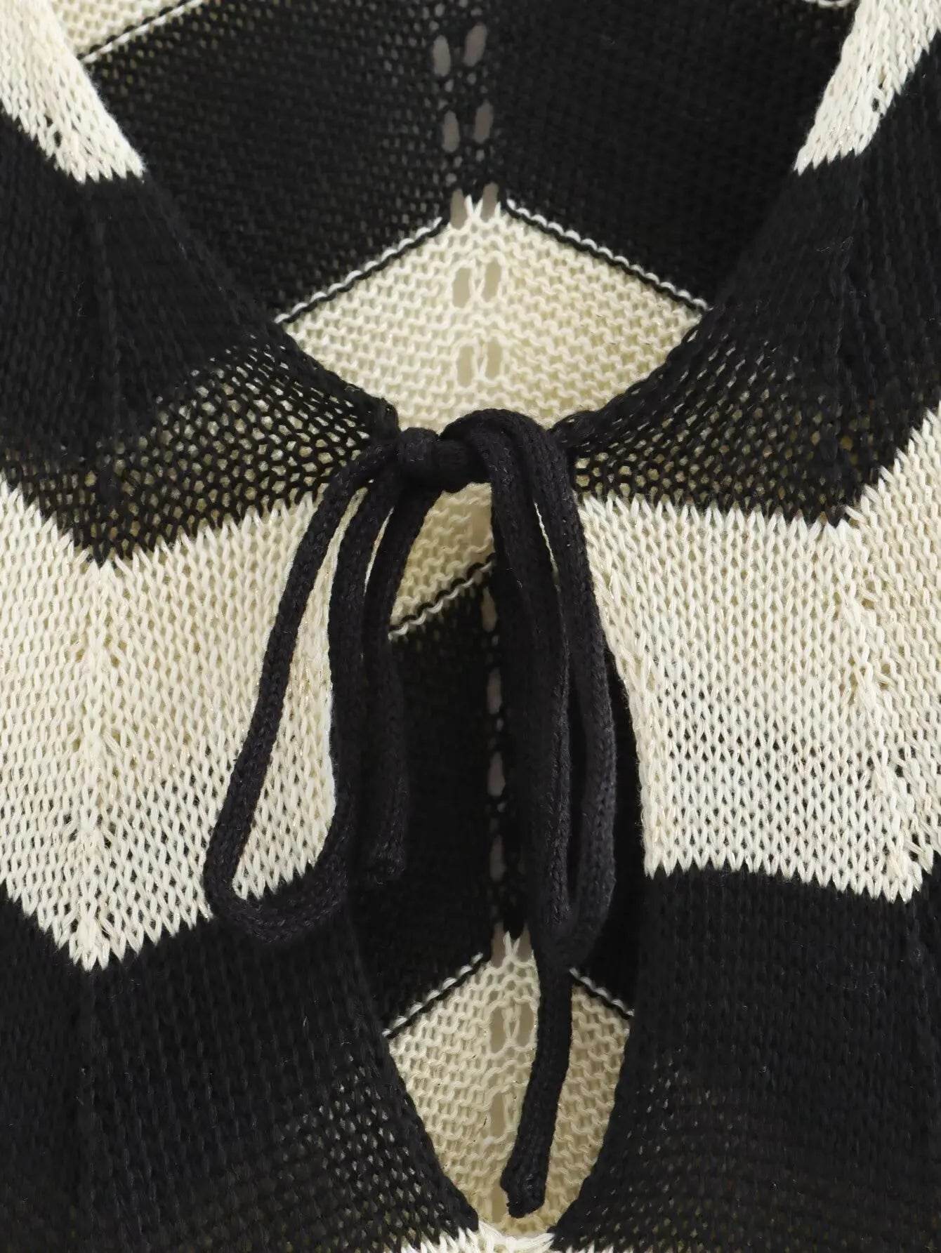 Hollow Out Lace Up Knit Dress - Contrast Stripes V-Neck - P12 Hub Europe
