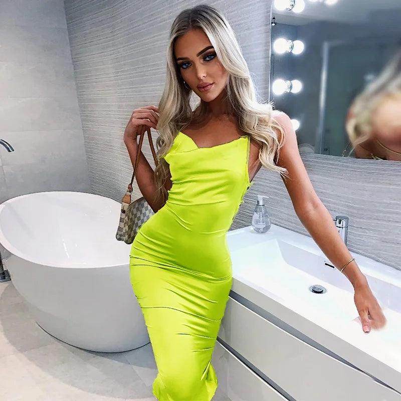 Neon Satin Lace Up Midi Dress Sexy Backless Party - P12 Hub Europe