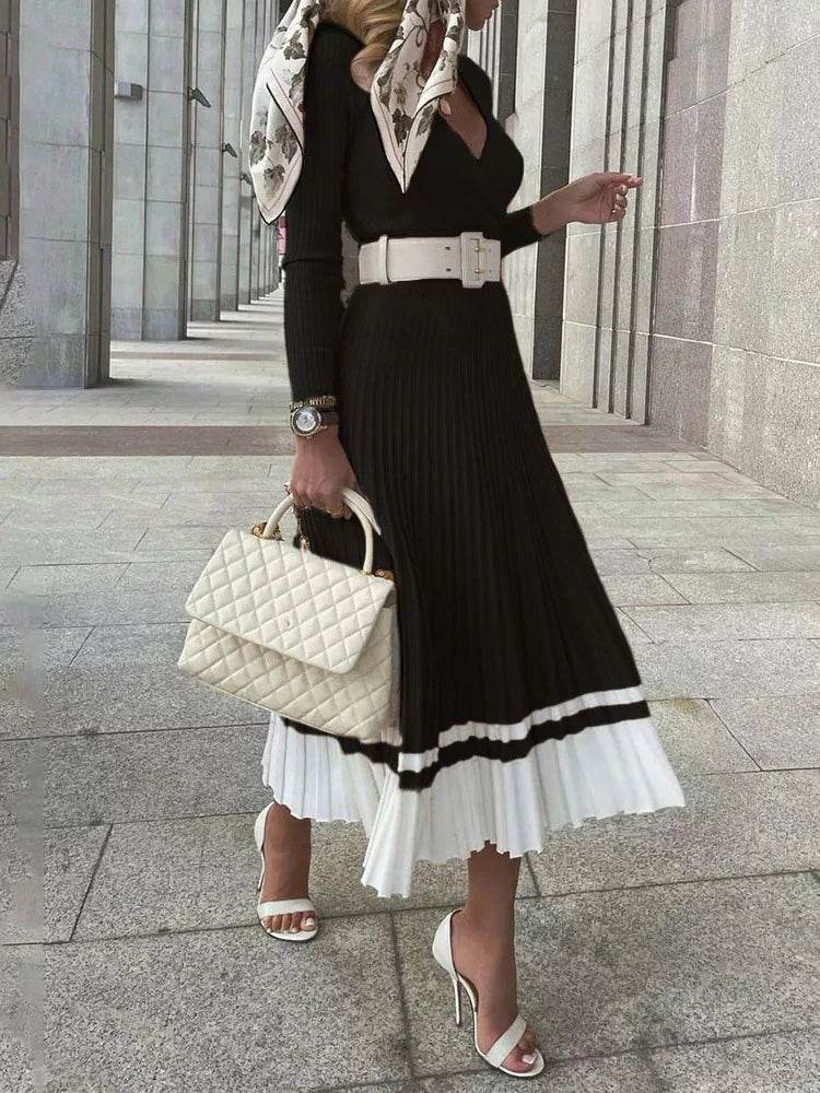 Tossy Ribbed V-Neck Knit Maxi Dress - Elegant Patchwork - P12 Hub Europe