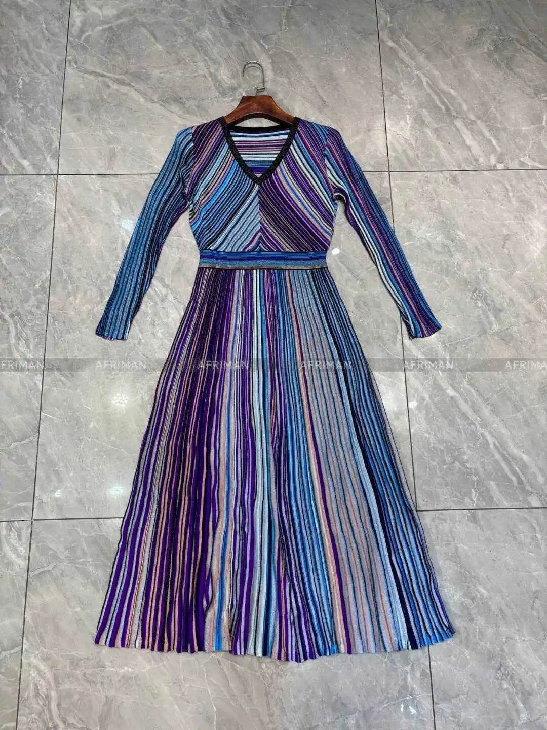 V-Neck Knit Dress - Silk Color Mosaic & Stripe Waist - P12 Hub Europe