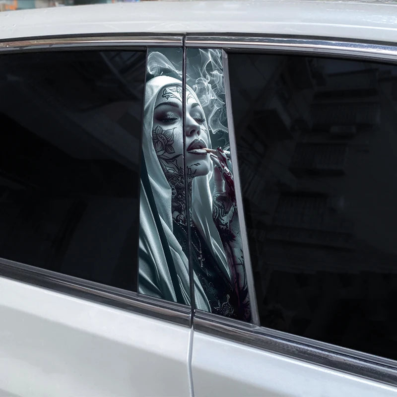 2pcs Smoking Nun Car Sticker Car B-Pillar Sticker DIY Car Door Pillar Decal Waterproof Decal Cover Scratched Decal Nun Sticker