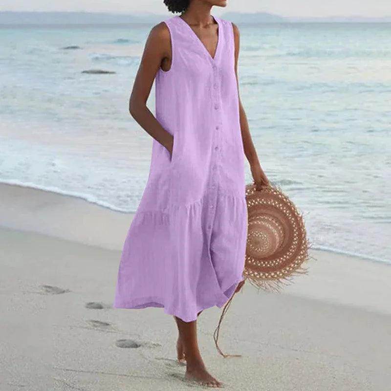 Loose Patchwork Cotton Midi Dress Sleeveless V-Neck Beach - P12 Hub Europe
