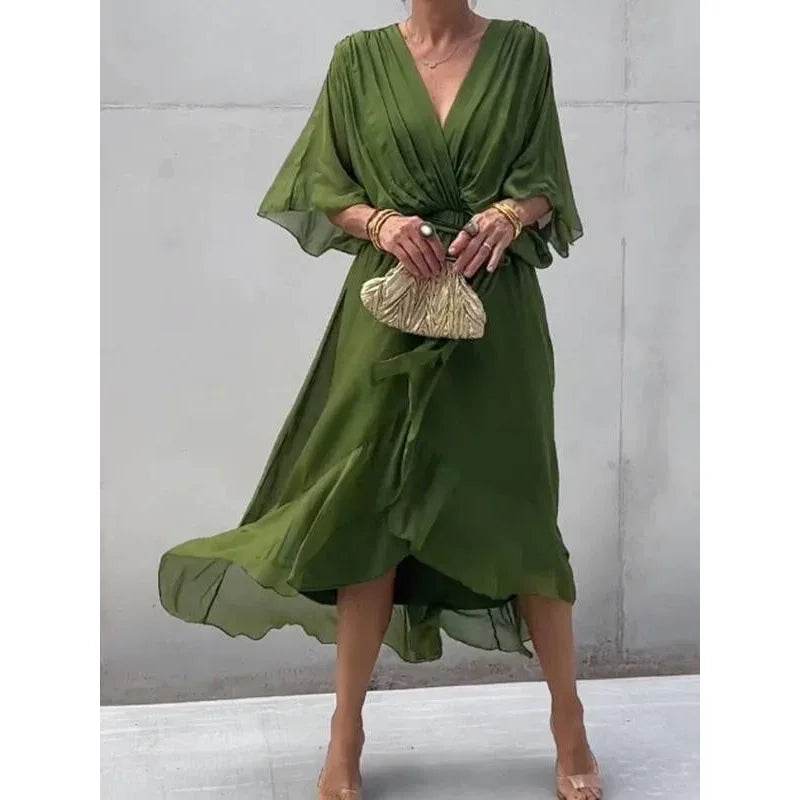 V-Neck Bat Sleeve Dress - Strappy Irregular Summer Style - P12 Hub Europe