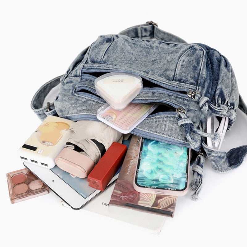 Women Retro Travel Sling Shoulder Bag Casual Washed Denim Commuting Crossbody Bag Female Shopping Tote Handbags Large Day Pack