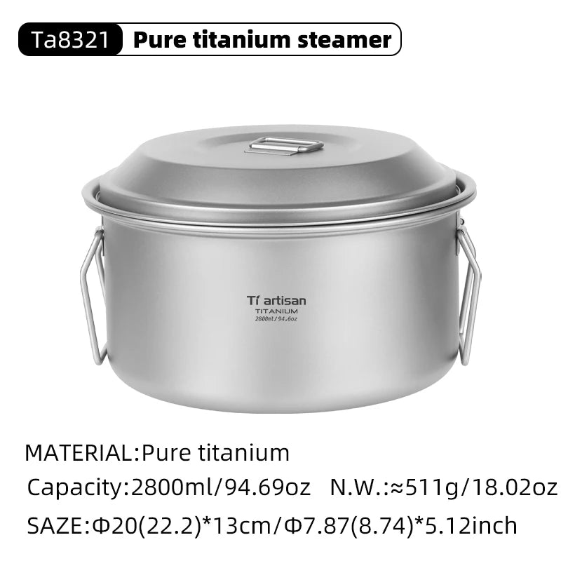 Tiartisan 2.1L/ 2.8L Titanium Camping Soup Pot Set Outdoor Lightweight Steamer with Steam Compartment Multi Functional Cookware
