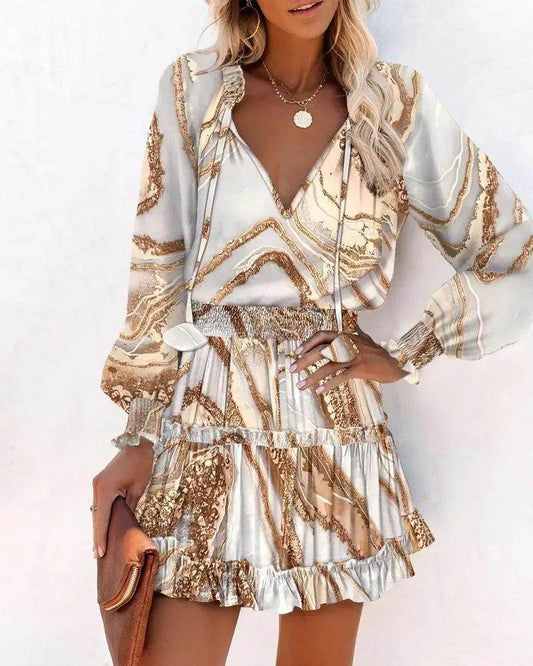 Colorful Floral Print Ruffle Mini Dress Boho Lantern Sleeve - P12 Hub Europe