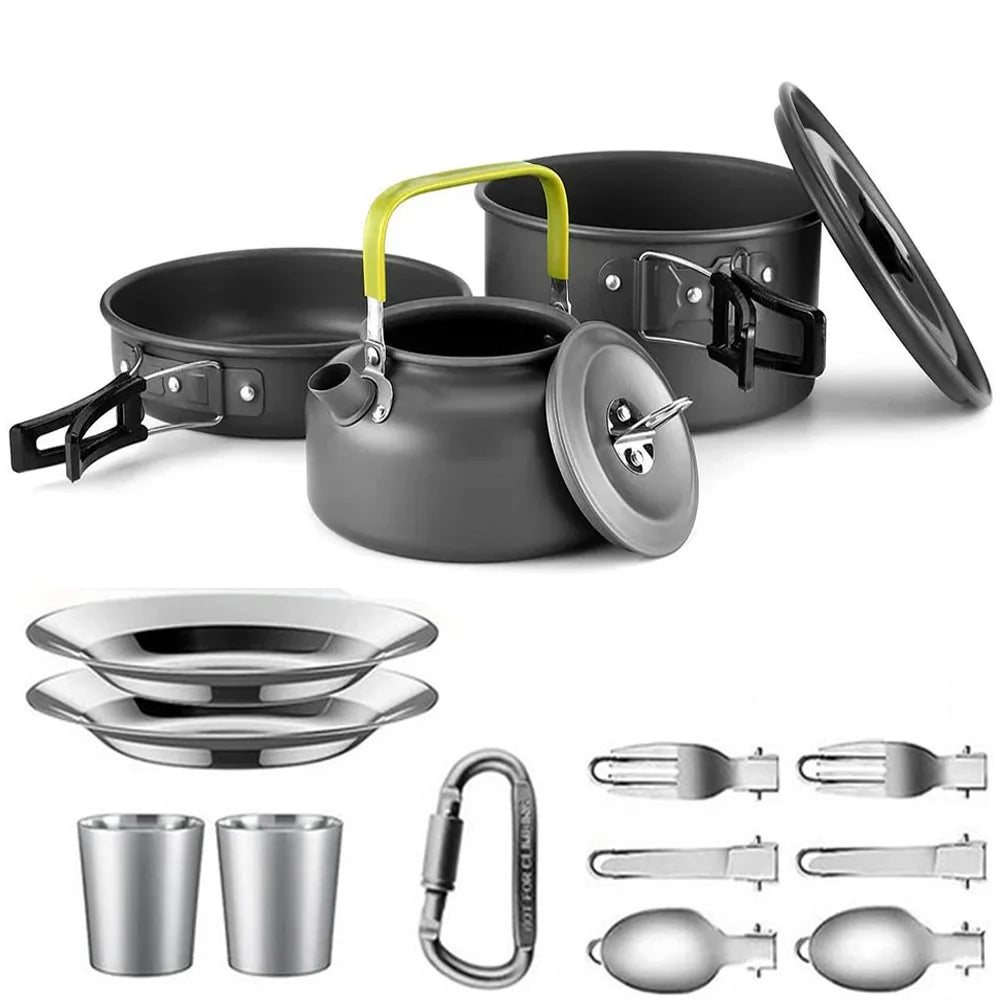 Outdoor camping cookware set aluminum lightweight equipment outdoor multi-person picnic easy to carry and equipped with mesh bag