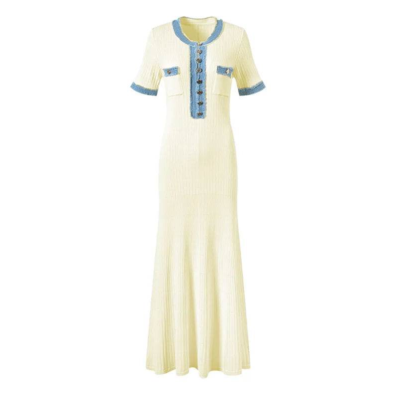 Talenza V-Neck Maxi Dress - Denim Patchwork Office Style - P12 Hub Europe